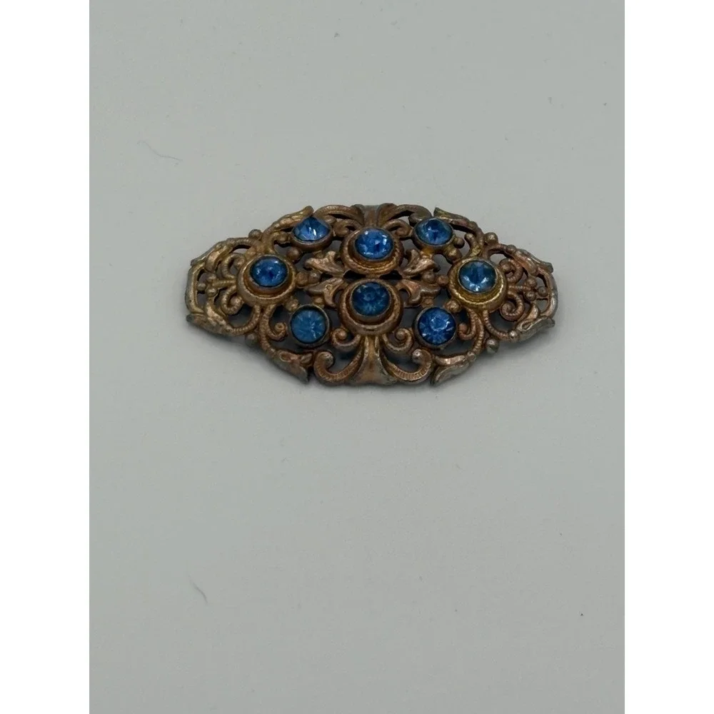 Antique Victorian Gilded Brass  Blue‎ Glass Pin Brooch C-clasp